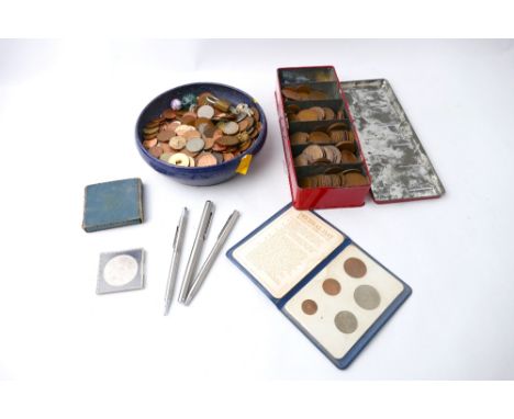 Tin of vintage one penny coins, ceramic dish full of current day loose change, set of Britains First Decimal coins, 1957 Fest