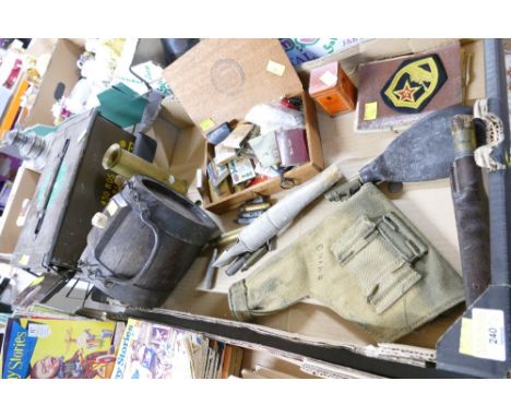 Military ammunition tin dated 1970 and box of alcohol barrel, military gun holsters, powder flasks, bullets, soldier Service 