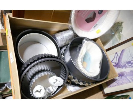 Box of baking trays, cake tins and cake tin liners 