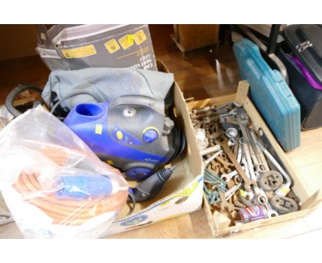 Three boxes of tools, sockets, camping mains connection lead, Hoover, car seat covers etc