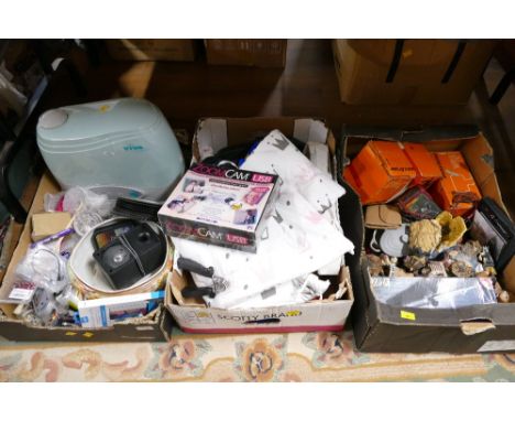 Three boxes of household tools, USB zoom cam, fabric, ornaments, Black & Decker circular saw attachment etc