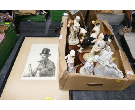 John Peel etching signed Joseph Simpson, box of Regency Fine Art figurines and ceramic dog ornaments and gentleman's dressing