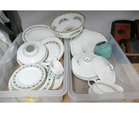 Two boxes of Royal Doulton part dinner services, Tapestry pattern and Greenbrier, and Coalport Ming Rose bowl