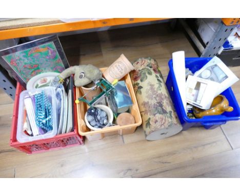 Three boxes of ceramics, boxed gift sets, golf balls, utensil jars and umbrella stand