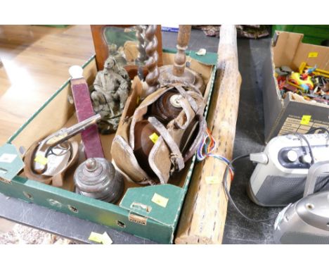 Aboriginal rain maker and box of oak candlestick, ashtray, wooden bowling balls, figure, marble inkwell, pistol shaped lighte