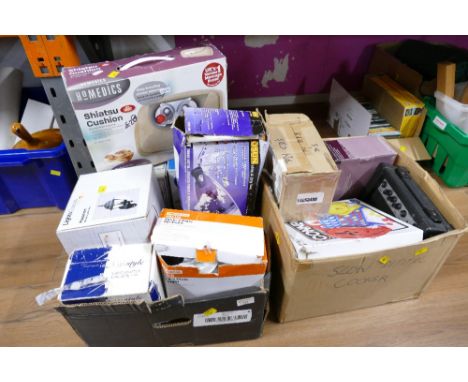 Two boxes of light fittings, Shiatsu cushion, board games, speaker, etc 