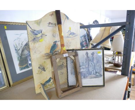 Wooden firescreen decorated with pictures of birds, two fashion prints and vintage tennis racket 