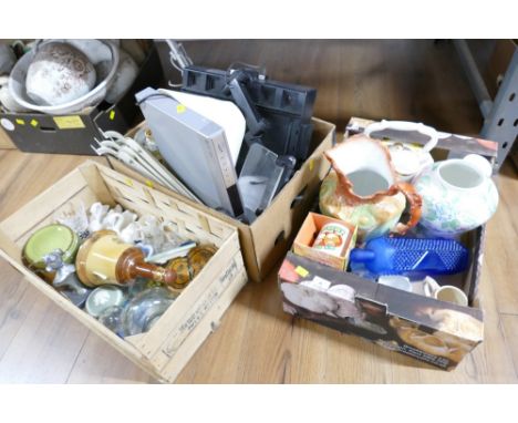 Three boxes of ceramics, jugs, ornaments, lamp, DVD player etc 