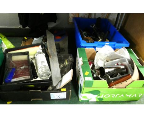 Three boxes of tools, painting equipment, hand saws, bolts, screws etc