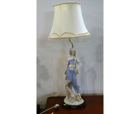 Ceramic figural lamp base and shade, lady and dog, by the Elegant Collection, 110 cm high including shade 
