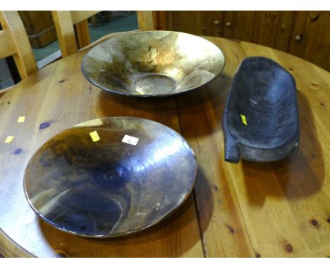 Three ornamental table centre bowls, ceramic, glass and wood, largest 40 cm diameter   