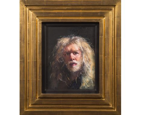 * Robert O. Lenkiewicz [1941-2002]-Self-Portrait at The House,:-signed and inscribed on the reverseoil on board25.5 x 19cm.