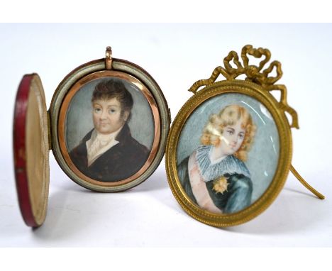 A Georgian oval portrait miniature on ivory of a gentleman in brown coat with frothy cravat, 5.5 x 4.5 cm, in gilt pendant fr