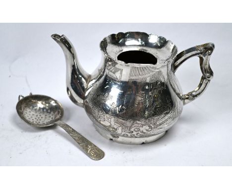 A 19th Century Chinese export silver teapot of baluster form, engraved with domestic garden scene with figures, the reverse i