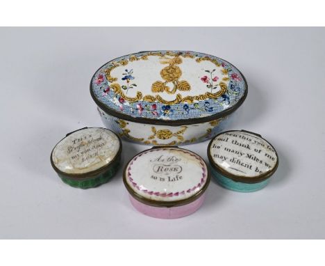 A 19th century Continental enamel oval box with floral decoration on a painted 'blue gauze' ground, 9 cm wide to/w three Geor