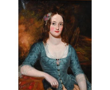 19th century English School - A half length portrait of a lady in blue dress seated before a woodland background, oil on canv