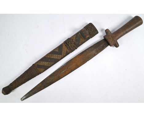 An antique African tribal sword with 38 cm double-edged blade in wicker-bound wooden hilt and sabbard, 54 cm&nbsp;wood handle