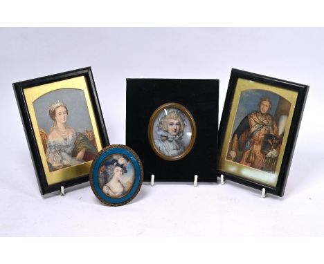 An oval portrait miniature on ivory, in ebonised frame, to/w a gilt brass and blue enamel easel frame, 8 cm high, a pair of B