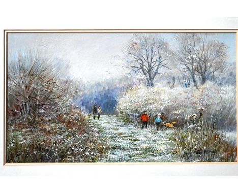 Jan Milsom (20th century) - Midwinter walk, acrylic, signed lower right, 26 x 46 cm