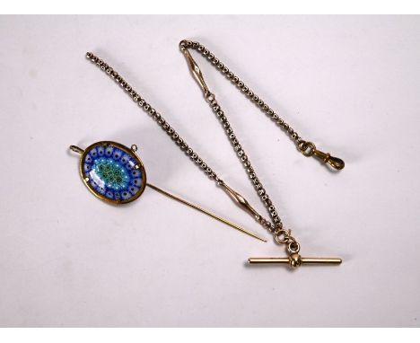 An Italian oval millefiori glass plaque set as a stick pin, stamped 800 to/w an Albert chain with swivel and bar, approx 10.6