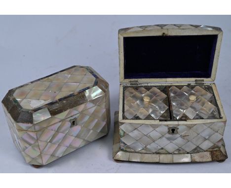 A 19th century mother of pearl tea caddy with two inner lidded compartments 18 cm wide, to/w a velvet-lined casket, 15 cm wid