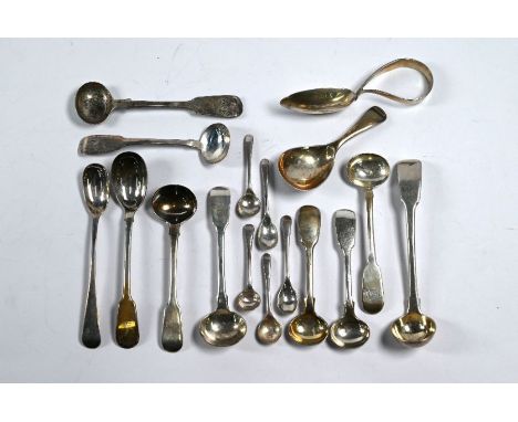 Georgian and later silver salt and mustard spoons, to/w an Old English pattern caddy spoon and an infant's feeder spoon, 5.7o
