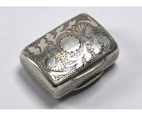 A George IV silver small vinaigrette of cushion form with engraved decoration, the gilt interior with plain pinhole-pierced g