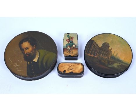 Two Stobwasser-type circular snuff-boxes, one painted with classical buildings in a river landscape, the other with a bearded
