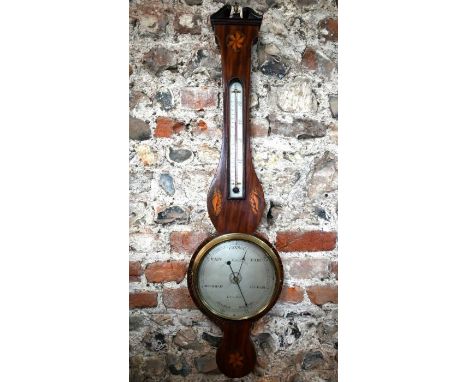 D Martinelli, London, a Victorian inlaid mahogany barometer with silver dial and thermometer scale