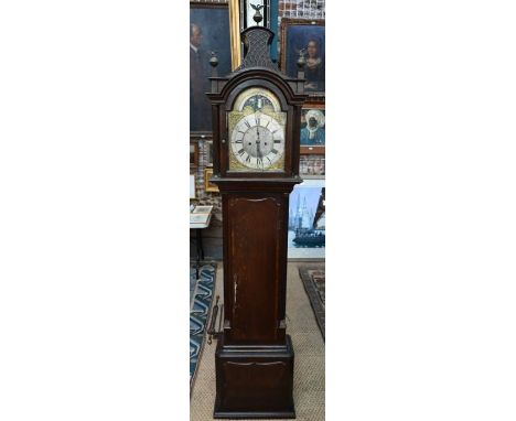 A 19th century cross-banded oak longcase clock, the 8-day movement with arched brass dial, silvered chapter ring, a moonphase