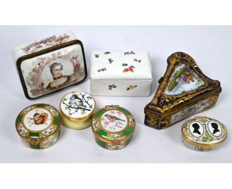 A 19th century Sevres porcelain harp-shaped trinket-box, the reserves painted with a courting couple and sprays of flowers on