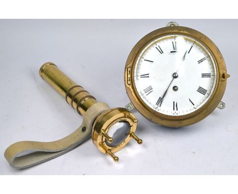 A vintage brass diver's torch, 19 cm to/w a ship's bulkhead clock with enamel dial, 18 cm diam (2)