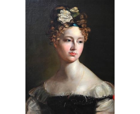 English school - A portrait study of a young Regency woman with flowers in her hair, unsigned, oil on canvas laid on board, 5