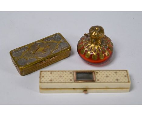 A Georgian ivory toothpick case with gilt piqué decoration, glazed aperture and mirror (a/f) within lid, 8 cm long c/w a yell