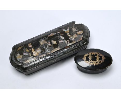 An 18th century Continental tortoiseshell snuff box, the cover richly inlaid in silver and mother-of-pearl with a Naval battl