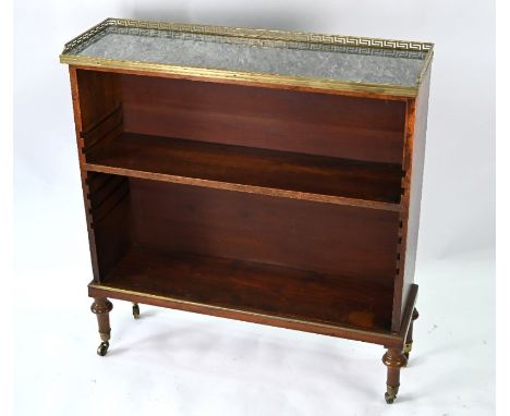 A Victorian grey marble top mahogany open bookcase, with pierced brass 3/4 gallery and brass mounts, single adjustable shelf,