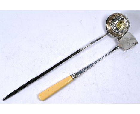 A George III silver cheese slice with bone handle, Crispin Fuller, London 1798, 28cm, to/w an unmarked silver punch ladle wit