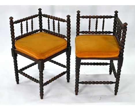 A companion pair of Arts &amp; Crafts period bobbin turned corner chairs (2)&nbsp;appear original, sound - although previous 