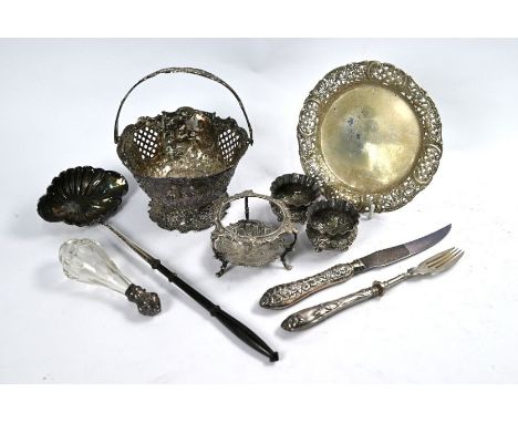 Various 19th Century &amp; later Continental white metal items, including a pierced and embossed bonbon basket, card salver w
