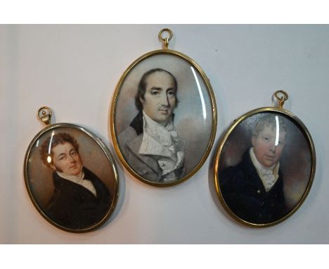 A George III oval portrait miniature in the manner of George Engleheart, of a gentleman with ornately-tied neck-cloth, white 