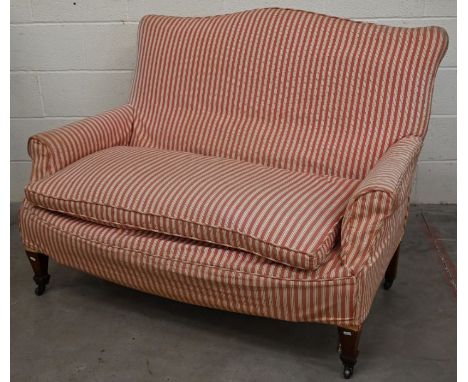 An antique humpback two seat sofa for re-upholstery, 140 cm wide, 100 cm high 90 cm deep, on square tapering legs to brass ca