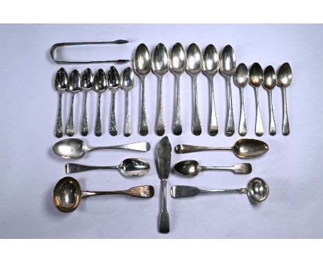Various Georgian silver spoons, to/w a Scottish toddy ladle Glasgow 1830, sauce ladle London 1823, butter knife London 1817 a
