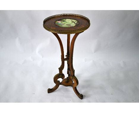A 19th century ormolu mounted tripod jardiniere stand, the marquetry inlaid top centred by an inset hand-painted dish, 39 cm 