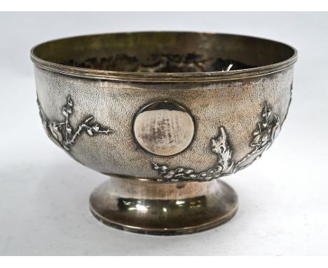 A Chinese export silver rose-bowl, embossed and chased with birds perched on flowering prunus branches, on stemmed foot, Tuck