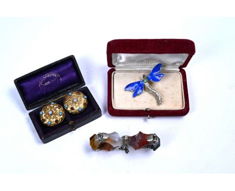 A Scottish agate bracelet formed of six shaped coloured agates, a dragonfly brooch with enamelled wings and a pair of stone s