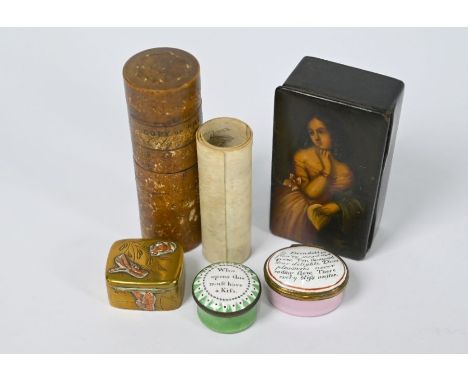 A Stobwasser-type papier-mache snuff-box, the hinged cover painted with a young lady, an 1837 certificate scroll awarding Fre