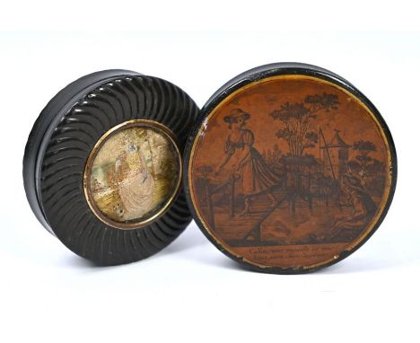 An 18th century Continental tortoiseshell-lined papier-mache circular snuff-box, the cover inset with embroidered silk portra