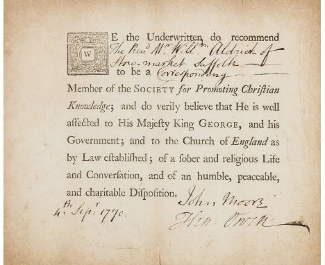 Ephemera.- Note of recommendation of the Rev.d Mr. Willm. Aldrich of Stow-Market Suffolk to be a Corresponding Member of the 