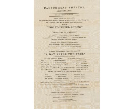 Theatre in India.- British India Army.- Playbill for Cantonment Theatre, Secunderabad, India, 1844, 'a Comedy in 2 acts, with