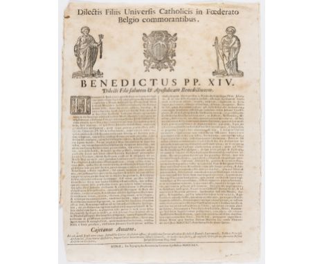 NO RESERVE Broadside Papal Bull.-  Dilectis Filiis Universis Catholicis in Fœderato Belgio commorantibus, Rome, Ex Typagraphi